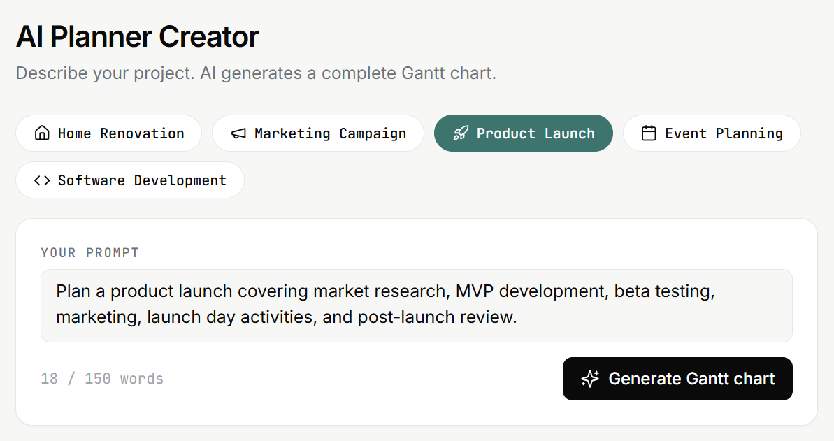 AI-generated Gantt chart from a text prompt in TaskTactics