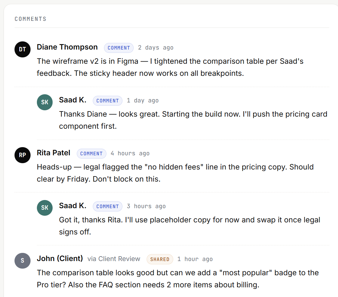 Internal and external team collaboration with comments and notifications