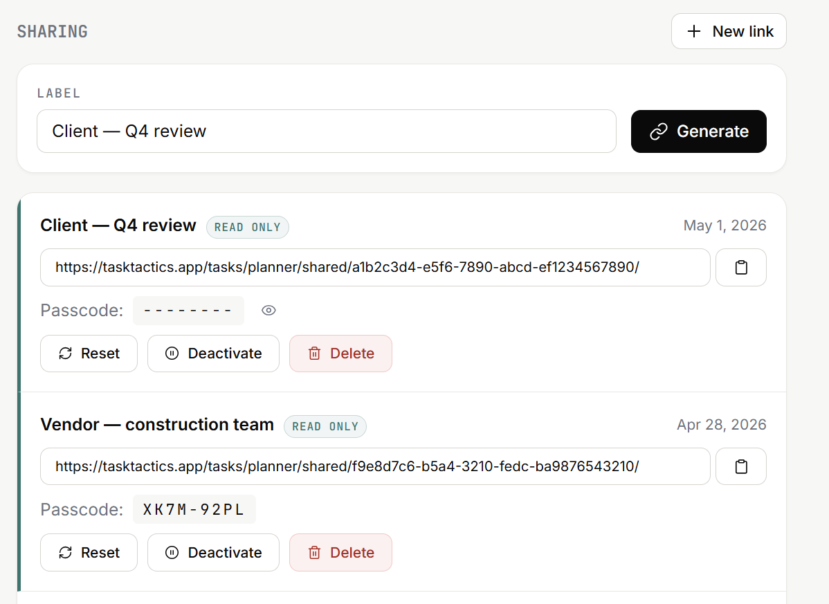 Secure passcode-protected share links for external collaboration in TaskTactics